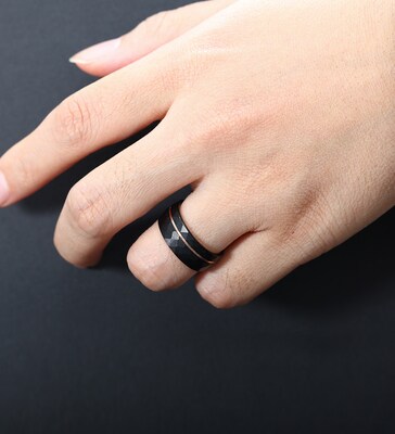 Men's wedding band, rose gold strip, black hammered tungsten carbide ring, gift for him, men's wedding ring, black ring, comfort fit ring - image8